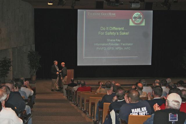 FSTB Bureau Chief Randy Novak welcoming keynote speaker, Shane Ray, Fire Chief of the Pleasant Hill FD, Tennesse.  Photo by Dawn Beisner, FSTB.